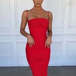 Ruched red mesh bodycon cocktail midi dress